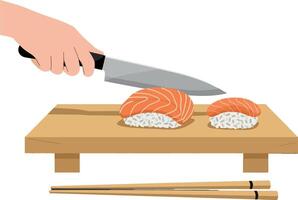 Hand slicing fresh salmon sushi rolls on a wooden cutting board in a flat minimal illustration vector