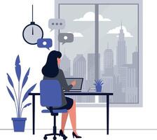 Woman working at a desk with a laptop and plants, minimalistic design in an urban office setting, illustration vector