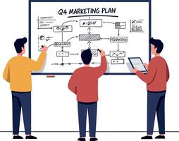 Three professionals collaborating on a marketing strategy in a flat design illustration featuring a whiteboard and digital tablet vector