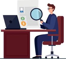 A focused man in professional attire examining a document with a magnifying glass at his desk in a minimal illustration vector