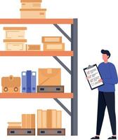 Warehouse worker inspecting shelves filled with boxes and files in a minimal illustration style showcasing organization and productivity vector