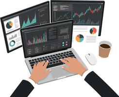 A person working at a desk with multiple screens displaying data analytics in a flat art style vector