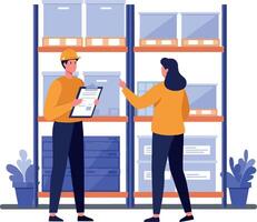 Two warehouse workers discussing inventory management in a bright, minimal illustration with shelves and plants in the background art vector