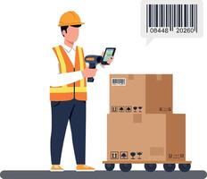 Warehouse worker in safety gear scanning barcodes on stacked boxes with a handheld device in flat art vector