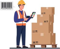 Warehouse worker in safety gear managing inventory with a tablet beside stacked cardboard boxes in a minimal illustration vector