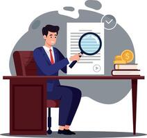 Businessman analyzing financial documents with a magnifying glass in a flat illustration style vector