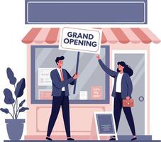 Two business people celebrating a grand opening in front of a colorful shop in a flat illustration vector
