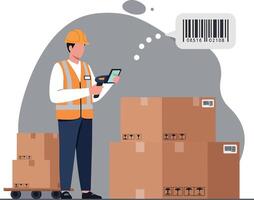 Warehouse worker scanning packages with a handheld device in a minimalistic flat design illustration vector