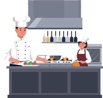 Chef preparing a colorful dish with fresh ingredients while assistant observes in a clean, modern kitchen, flat art vector