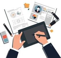 Hands holding a stylus on a digital tablet surrounded by colorful design elements in flat art vector