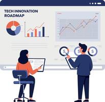 Two professionals analyzing data on a large screen in a modern office setting, minimal flat illustration vector