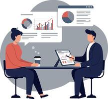 Two professionals engaged in a business discussion at a modern workspace featuring flat design art vector