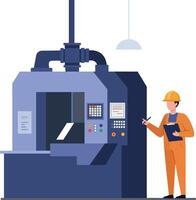A technician inspecting a large industrial machine in a modern factory setting, featuring flat design elements and vibrant colors, illustration vector