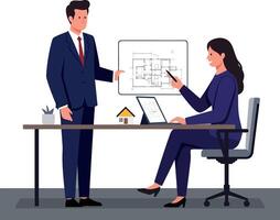 Two professionals engaged in a discussion about architectural plans in a flat, minimal style illustration vector