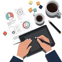 Hands holding a stylus on a digital tablet surrounded by coffee, documents, and colorful blocks in a flat illustration vector