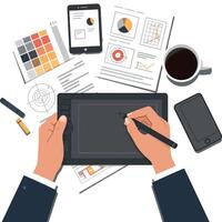 Hands holding a digital tablet sketching designs with various tools and documents in a flat minimal illustration vector
