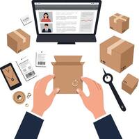 Hands holding an open cardboard box in a minimal flat design workspace with packages, laptop, and shipping materials, illustration vector