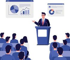Business presenter engaging an audience with data-driven visuals in a flat illustration style vector