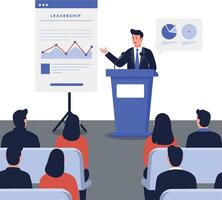 Business professional presenting a leadership seminar with visual aids in a flat illustration style, engaging an attentive audience in a modern setting vector