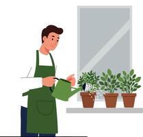 A man in a green apron watering potted plants by a window in a flat and minimal illustration vector