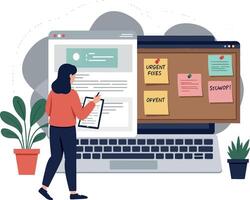 A woman writing notes beside a laptop with sticky reminders in a minimal, flat design style, showcasing productivity and organization in illustration vector