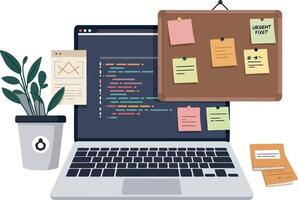 Laptop with coding screen, sticky notes, and plant in a minimal flat design art vector