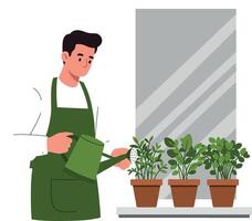 A man in a green apron watering potted plants by a window in a bright, cheerful setting showcasing flat art vector