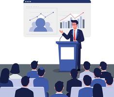 Business presentation scene featuring a confident speaker in a suit delivering insights to an engaged audience in flat art vector