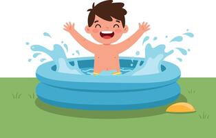 Excited child splashing in a blue inflatable pool under the sun in a playful, flat illustration vector