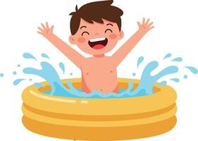 Happy child splashing water in a bright yellow inflatable pool, enjoying summer fun in a cheerful flat illustration vector