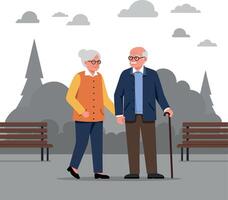 Elderly couple walking hand in hand in a park setting, dressed in colorful attire, minimal style illustration vector