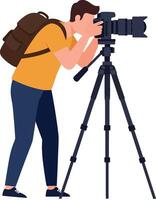 A photographer capturing stunning images with a tripod in a creative flat illustration showcasing focus and enthusiasm vector