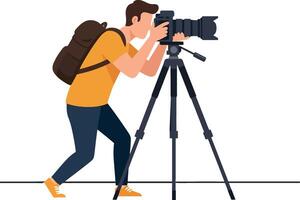 A photographer capturing stunning landscapes with a modern camera on a tripod in flat art style vector