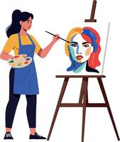 Artist painting a vibrant abstract portrait on an easel, showcasing a mix of colors in flat art vector