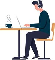 A young man wearing headphones, focused on his laptop while enjoying a cup of coffee at a minimalistic workspace in art vector