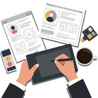 Creative professional using a graphic tablet to design digital art while surrounded by project papers and a coffee cup, flat illustration vector