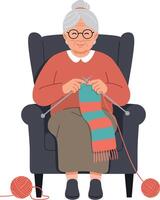 An elderly woman knitting a colorful scarf while seated comfortably in a cozy armchair, minimal illustration vector