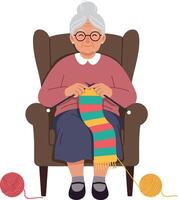 An elderly woman knitting a colorful scarf in a cozy armchair, showcasing a flat design style in warm tones, illustration vector
