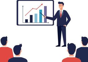 Businessman presenting a growth chart on a screen to an audience in a flat illustration style conveying professionalism and engagement in a corporate setting vector
