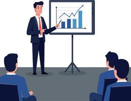 Businessman presenting a growth chart on a digital screen in a professional meeting setting, flat illustration vector