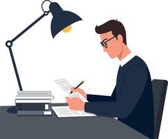 A focused young man writing notes at a desk under a stylish lamp in a minimal illustration vector