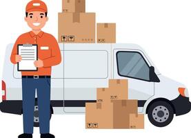 Delivery man in orange uniform holding a clipboard standing beside a delivery van stacked with cardboard boxes in flat illustration vector