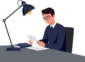 A focused young man in glasses studying documents under a desk lamp in a minimalistic illustration vector
