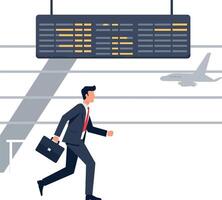 Businessman in a suit running towards departure board in a busy airport, flat illustration vector