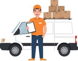 Delivery person in an orange uniform standing beside a van stacked with boxes in a flat illustration vector