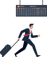 A business traveler in a suit hurriedly walks with a suitcase beneath a flight information board in flat illustration vector