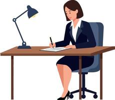Professional woman in business attire working diligently at a wooden desk with a lamp in a minimal illustration vector