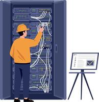IT technician in an orange shirt managing server connections inside a data center, showcasing detailed flat illustration vector