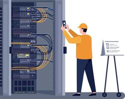 Technician in yellow hard hat inspecting server rack with cables, minimal design, focused atmosphere, digital illustration vector