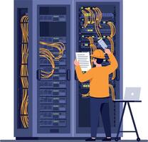 Technician in orange shirt managing server cables in a detailed flat illustration of a data center setup vector